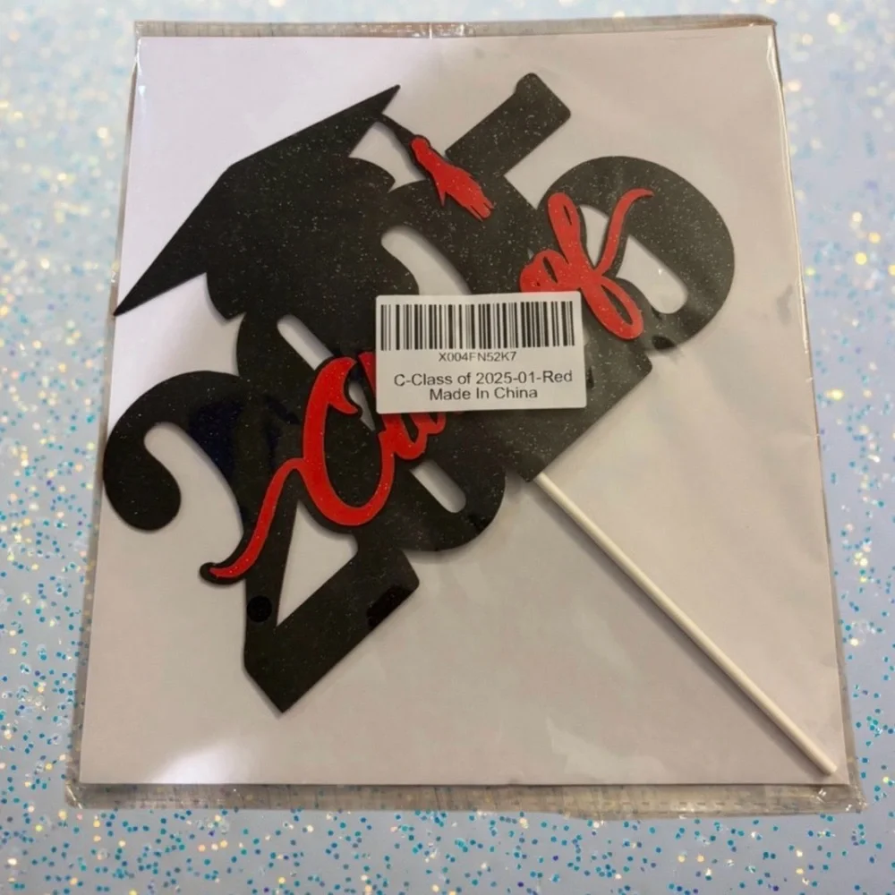 Class of 2025 Graduation Cake Topper - Black and Red Glitter